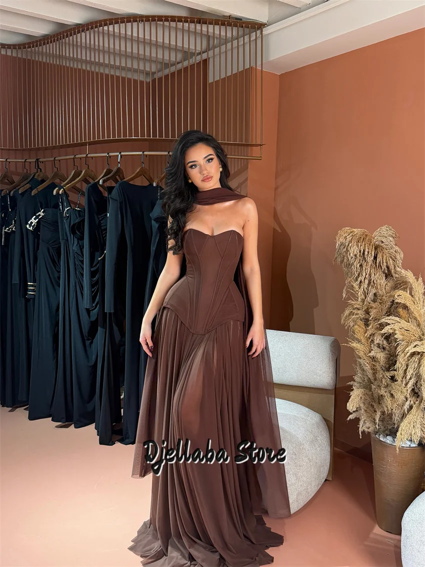 فساتين سهرة بنية رائعة مخصصة للنساء مشد شيفون ماكسي مع شال فستان حفلات الزفاف حسب الطلب