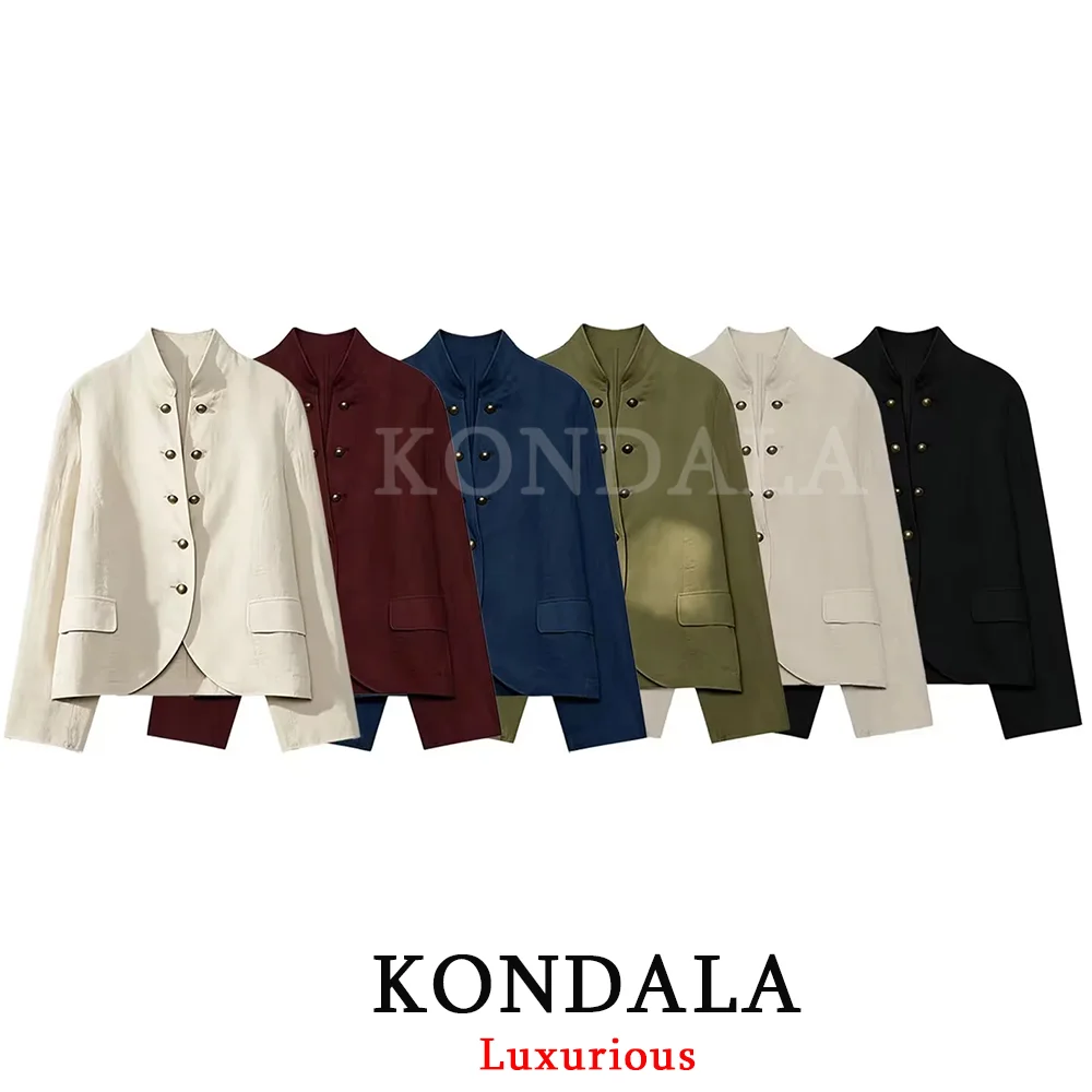 KONDALA Office Lady Casual Chic Women Blazer Double Breasted O-Neck Long Sleeve Slim Blazer Fashion 2026 Autumn Vintage Blazer