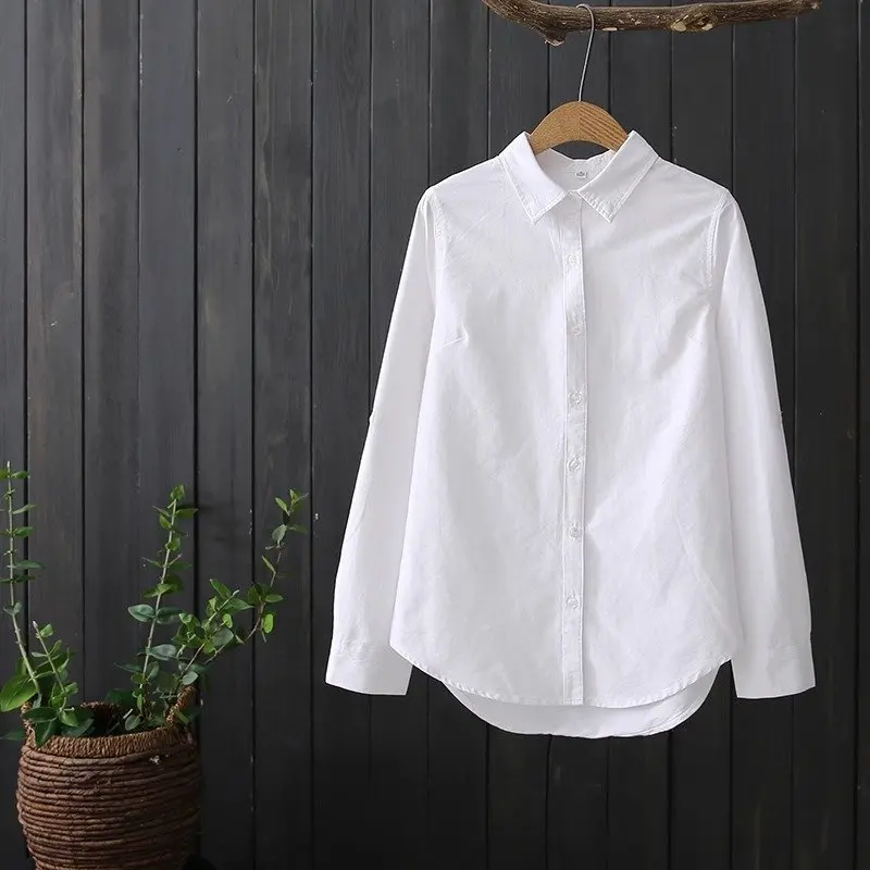 قميص نسائي كاجوال من القطن الخالص للربيع والخريف، تصميم كوري بسيط متعدد الاستخدامات، قميص أساسي احترافي للسيدات بياقة وأزرار
