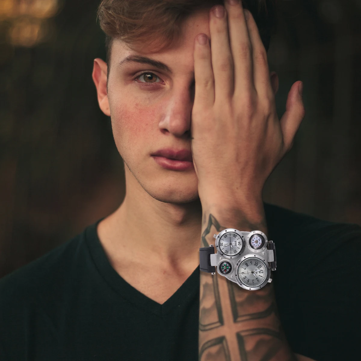 

1pcs Thermometer Compass Watch Dual Quartz Movement Outdoor Sports Men'S Fashion Watch Multi Time