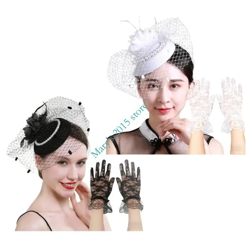 

Искусственный жемчуг декорирует шляпу-волшебницу и соответствующие заколки для волос, перчатки, праздничный набор