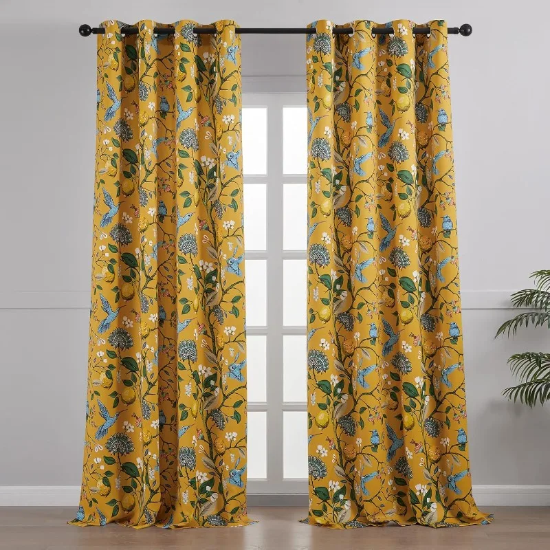 

Mustard Yellow Vintage Curtains & Drapes 84 Inches Long, Grommet Luxury Whimsical Floral Lemon Hummingbird