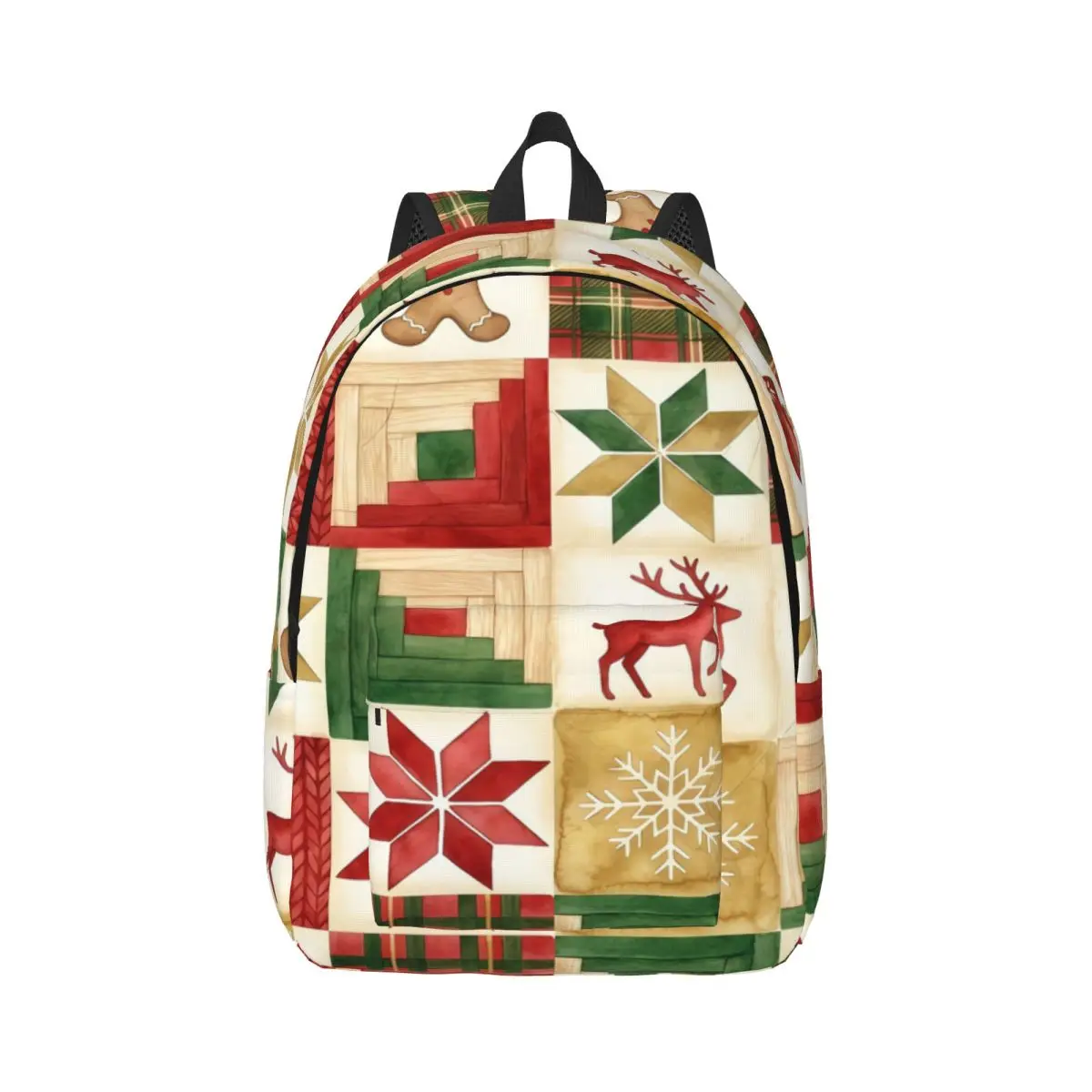 Winter Holiday Print Backpack Grid Christmas Motifs Quilt Squares Watercolor Folk Christmas Red Green Holiday Bookbag for Girls