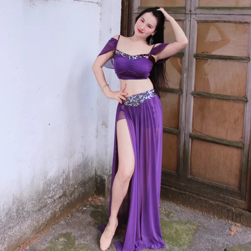 Aangepaste buikdanskostuums paarse prestatieset sexy klasse jurk groot formaat Indiase kleding dames exotische danskleding