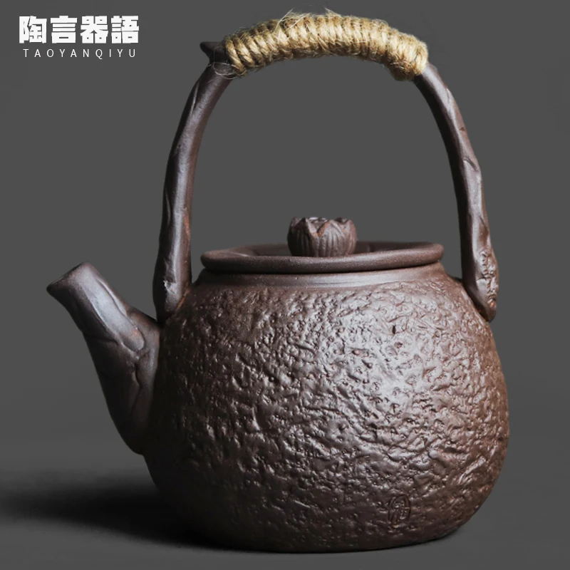 

Vintage Purple Clay Pottery Circle Handle Teapot Electric Stove Open Flame Boiling Water Ceramic Kettle