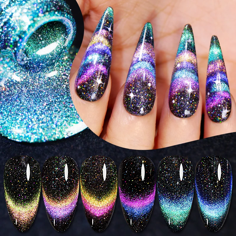 PUENTE 7.5ML Double Light Reflective Disco Flashing Cat Magnetic Gel Nail Polish Sparkling Rainbow Cat Eye Gel Nail Art Varnish