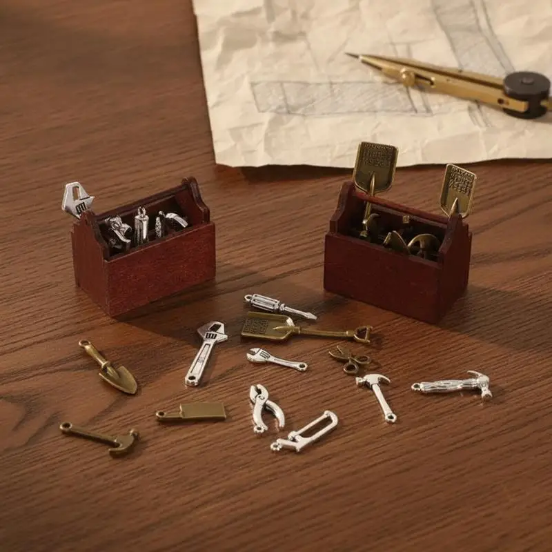 Dollhouse Miniature Tool Set Metal Hammer Pliers Wrench Kit With Wooden Tool Box For Micro Scene Model DIY Decoration Accessory