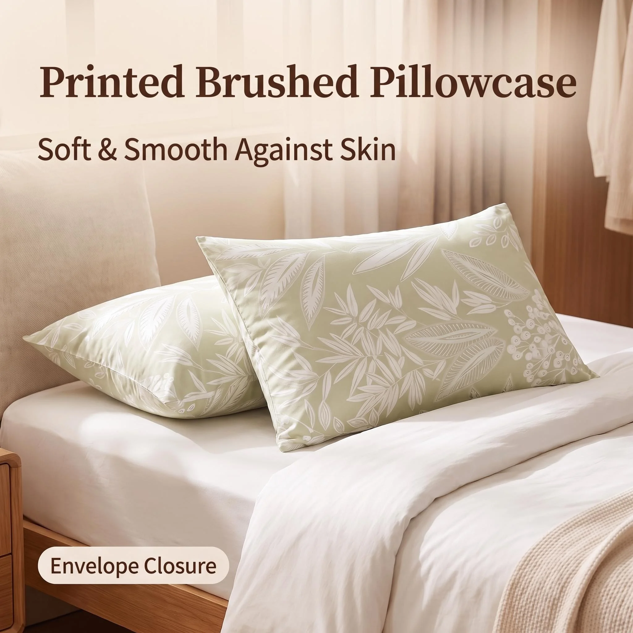 2PC Fresh Matcha Green Plant Leaf Print Pillowcases Skin-friendly Breathable Nordic Style Dormitory Home Use All-Season Washable