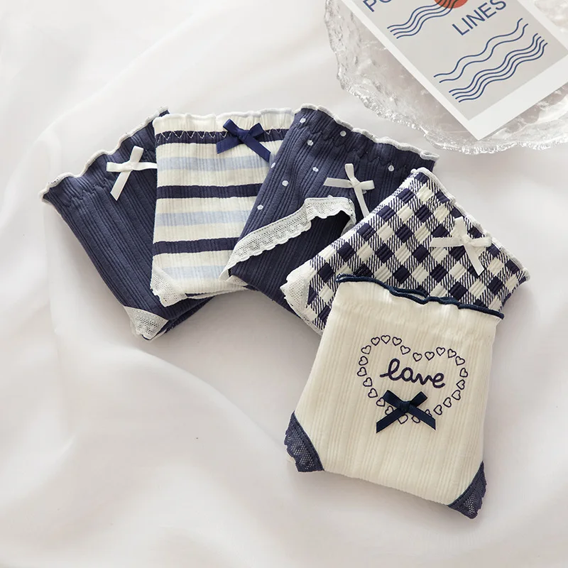 ملابس داخلية باللون الأزرق للنساء، سراويل داخلية من القطن الخالص متوسطة الخصر مريحة وصديقة للبشرة مقاس M-XL ملابس داخلية نسائية