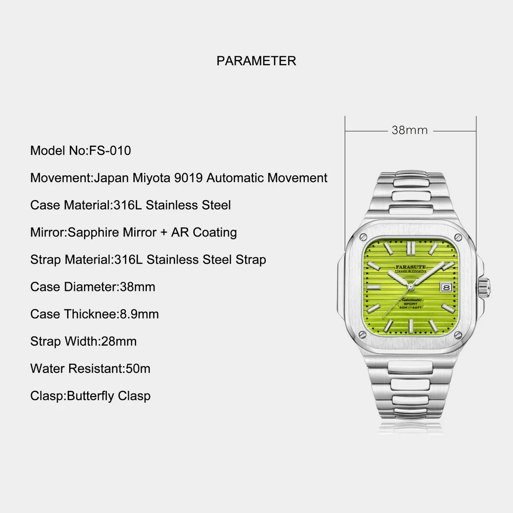 FARASUTE Men Automatic Watch 38mm Square Luxury Mechanical Wristwatch Ultrathin 8.9mm Sapphire Waterproof Miyota 9019