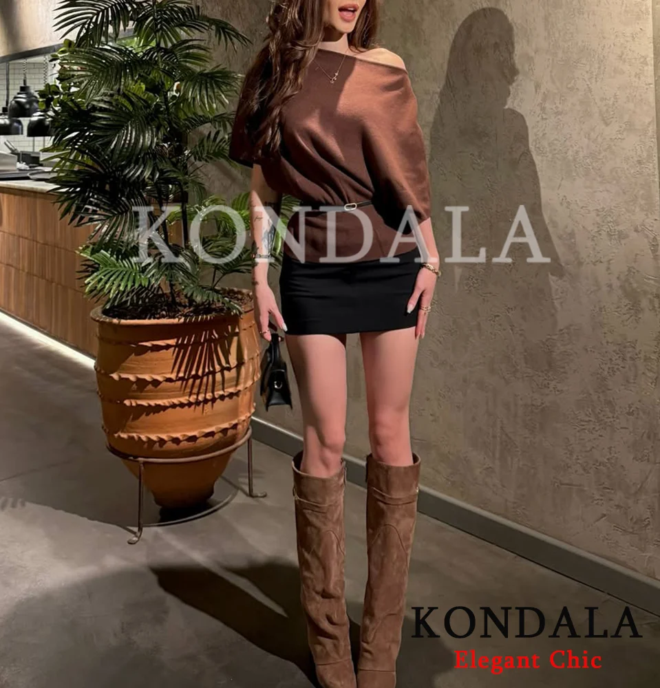 เสื้อไหมพรมสีน้ำตาลทรงหรูหรา คอทรงโอ แขนสั้น พร้อมเข็มขัด แฟชั่นผู้หญิง ฤดูใบไม้ผลิ ฤดูใบไม้ร่วง ปี 2026 เสื้อสำหรับสุภาพสตรีทำงาน