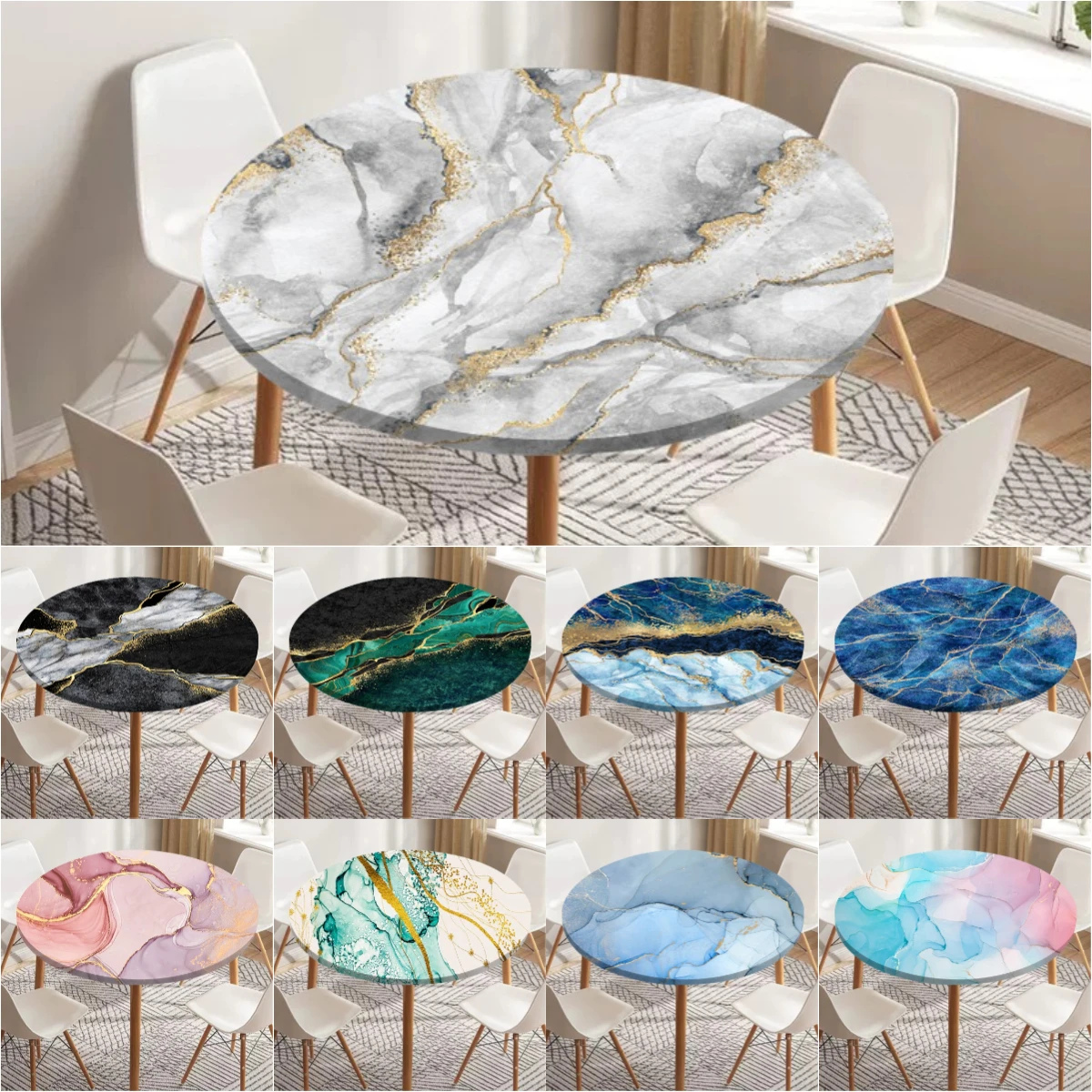 Marble Round Tablecloth Elastic Table Cover Waterproof Abstract Dining Table Decoration Accessorie Anti Sewage for Indoor Outdoo