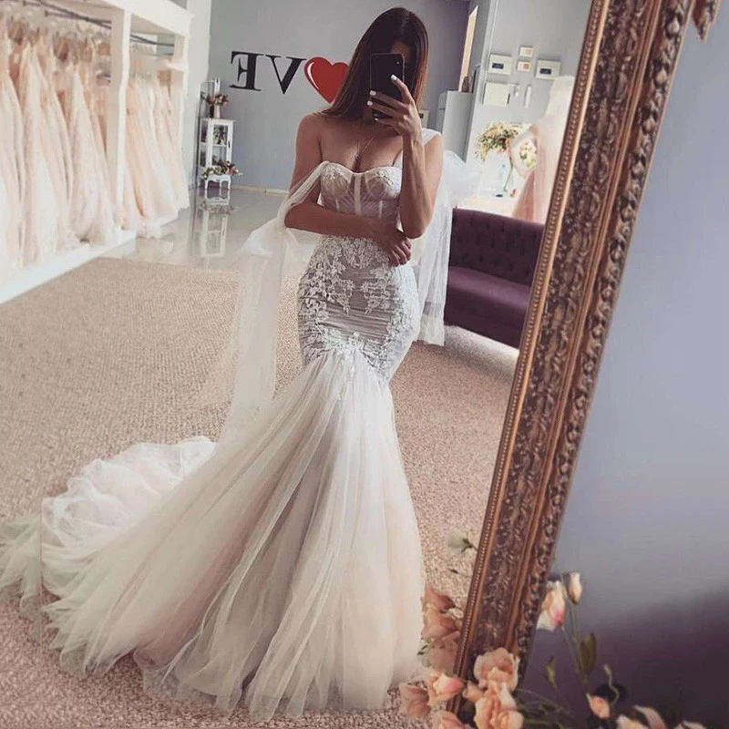 

Sexy Mermaid Wedding Dresses Champagne Bride Dress Lace off Shoulder Vestido de Noiva Long Tulle Wedding Gowns