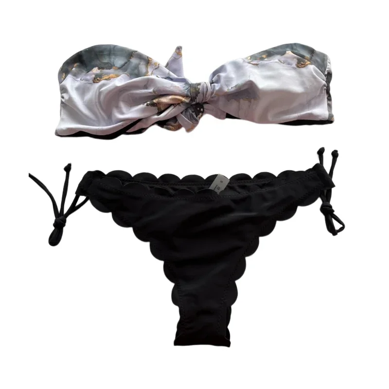 Sexy biquíni frontal feminino com laço para cima, maiô leopardo sem alças, feminino push up, arco babado maiô, tanga swimwear, biquíni de praia, 2022