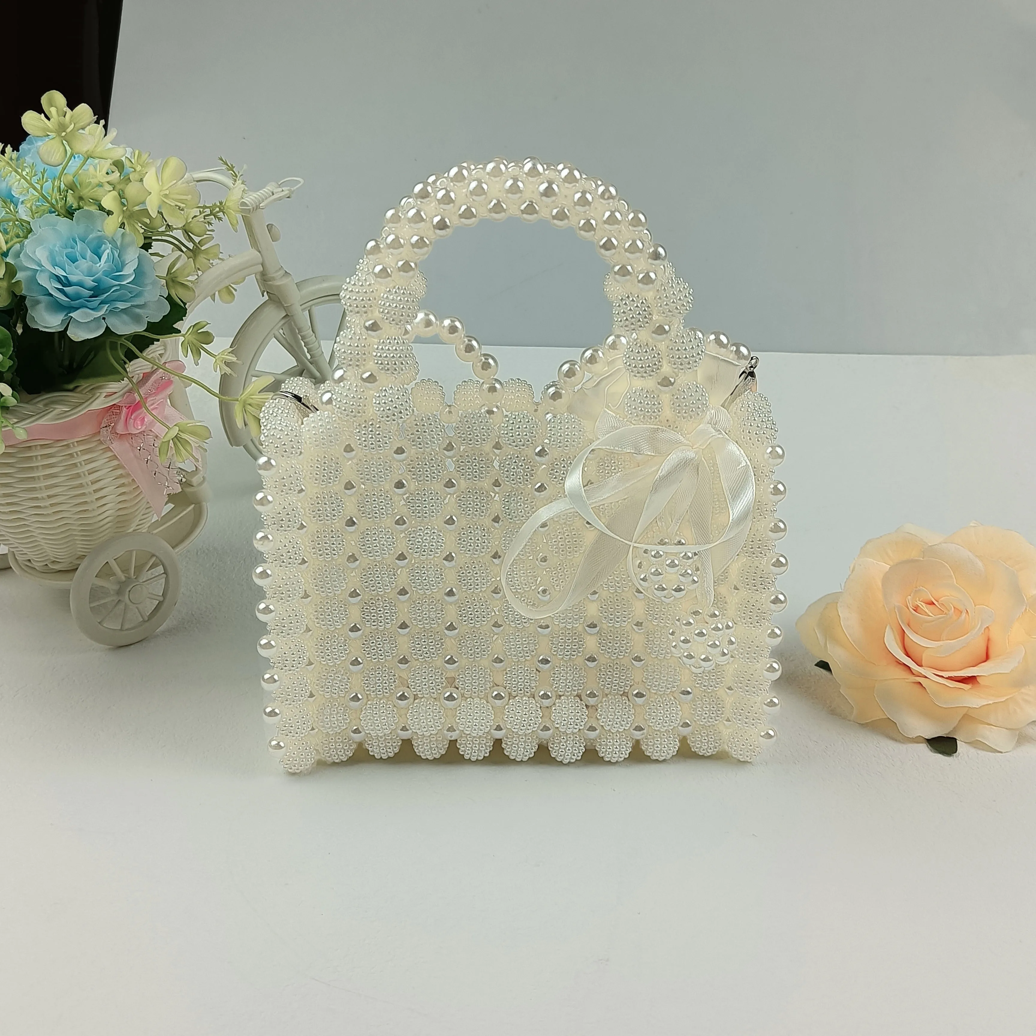 【 Finished product 】 Fashionable ABS beige bayberry pearl bag Women's small crossbody bag Handmade beaded handbag