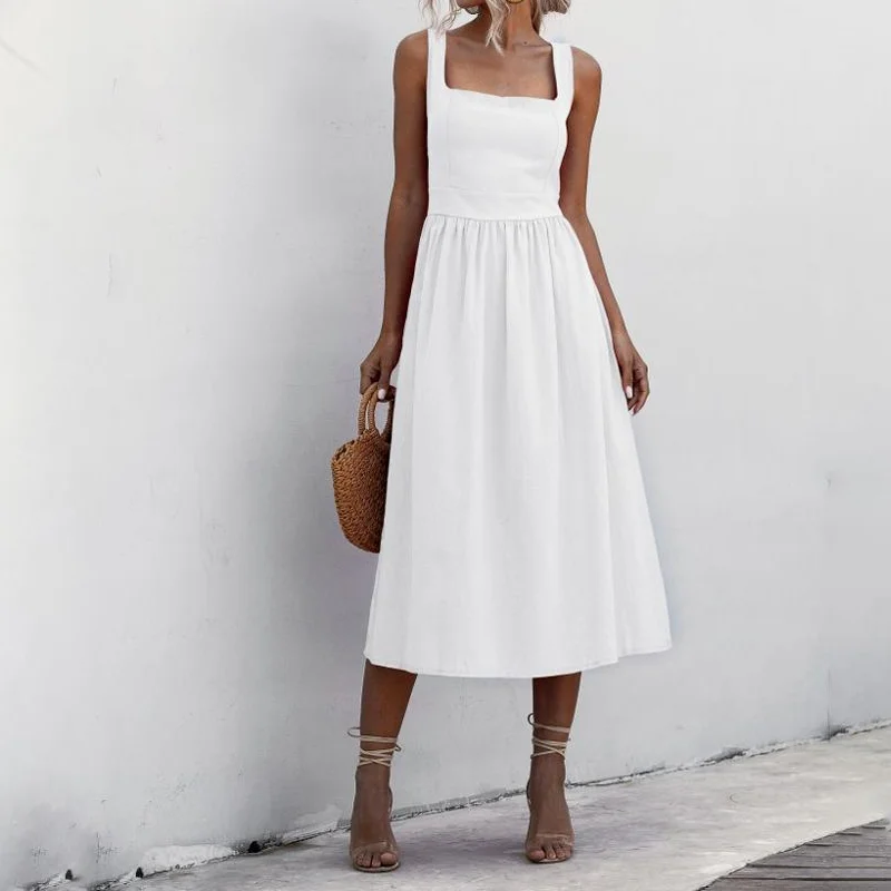 

Women Long Dress Summer Sexy Backless Casual White Black Ruched Slip Midi Sundresses 2022 Ladies Strap Clothes For Women y2k