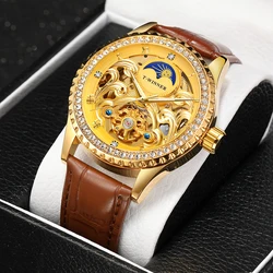 Winner Golden Case Stainless Steel Strap Moon Phase Design Transparent Diamond Skeleton Men's Automatic Mechanical Wristwatches