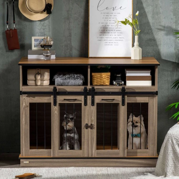 Factory Direct Oak Wood Sliding Doors Double Dog Kennel Pet Crate Furniture For Large Dogs With Shelves