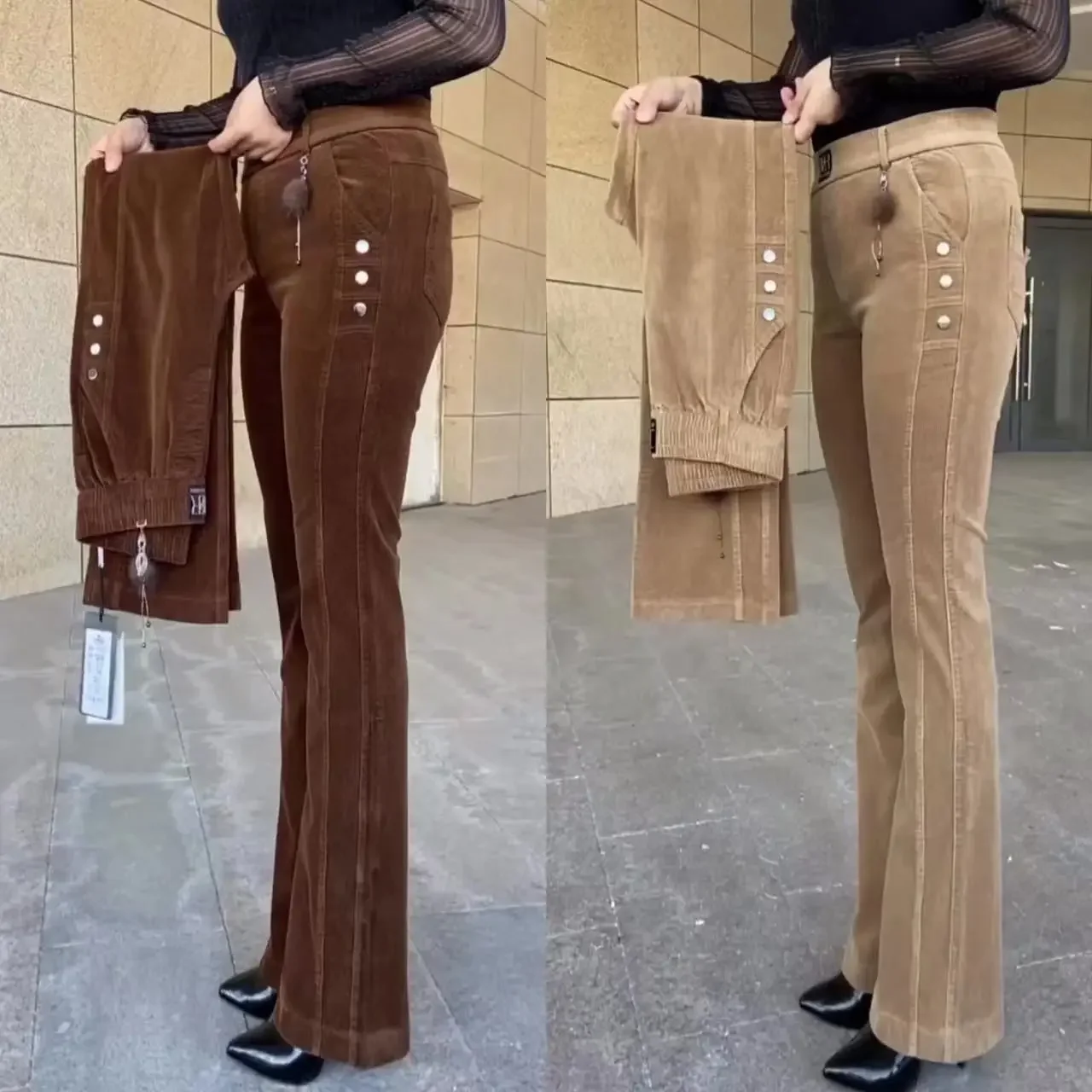 

Corduroy Micro Flared Pants Women New High Waisted High Elasticity Thick Colored Flared Pants Fashionable Splicing Warm Pants