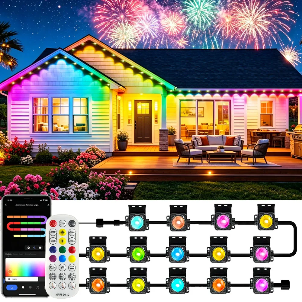 Permanent Outdoor Lights 200ft RGB+IC Outdoor String Lights App&Rome Control,IP67 Waterproof for Home Christmas Decor