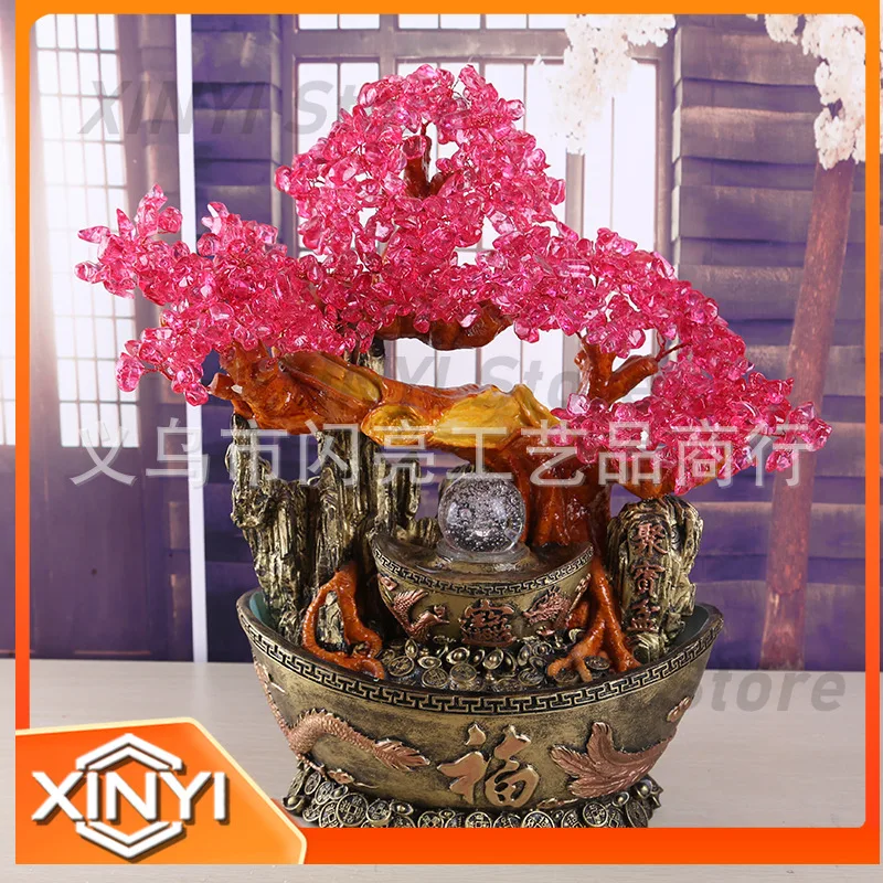 Feng Shui Water Fountain Crystal Tree for Desktop Decoration with Dragon and Phoenix Flowing Water Design for Prosperity and