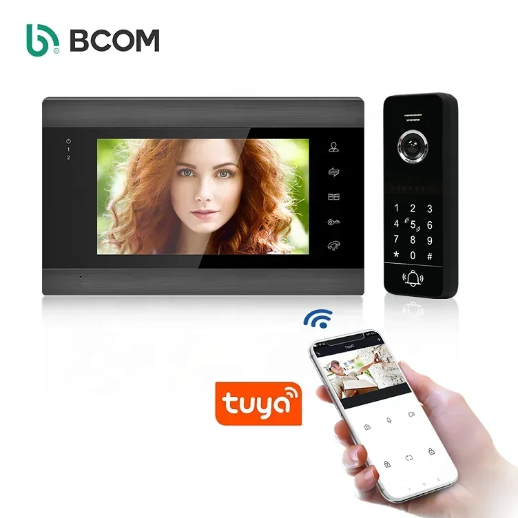 Bcom Tuya Poe Visual Doorphone Intercom with Lock , Videophone Tuya 2 Monitor 4 Wire Video Door Phone Intercom Memory Card 120s