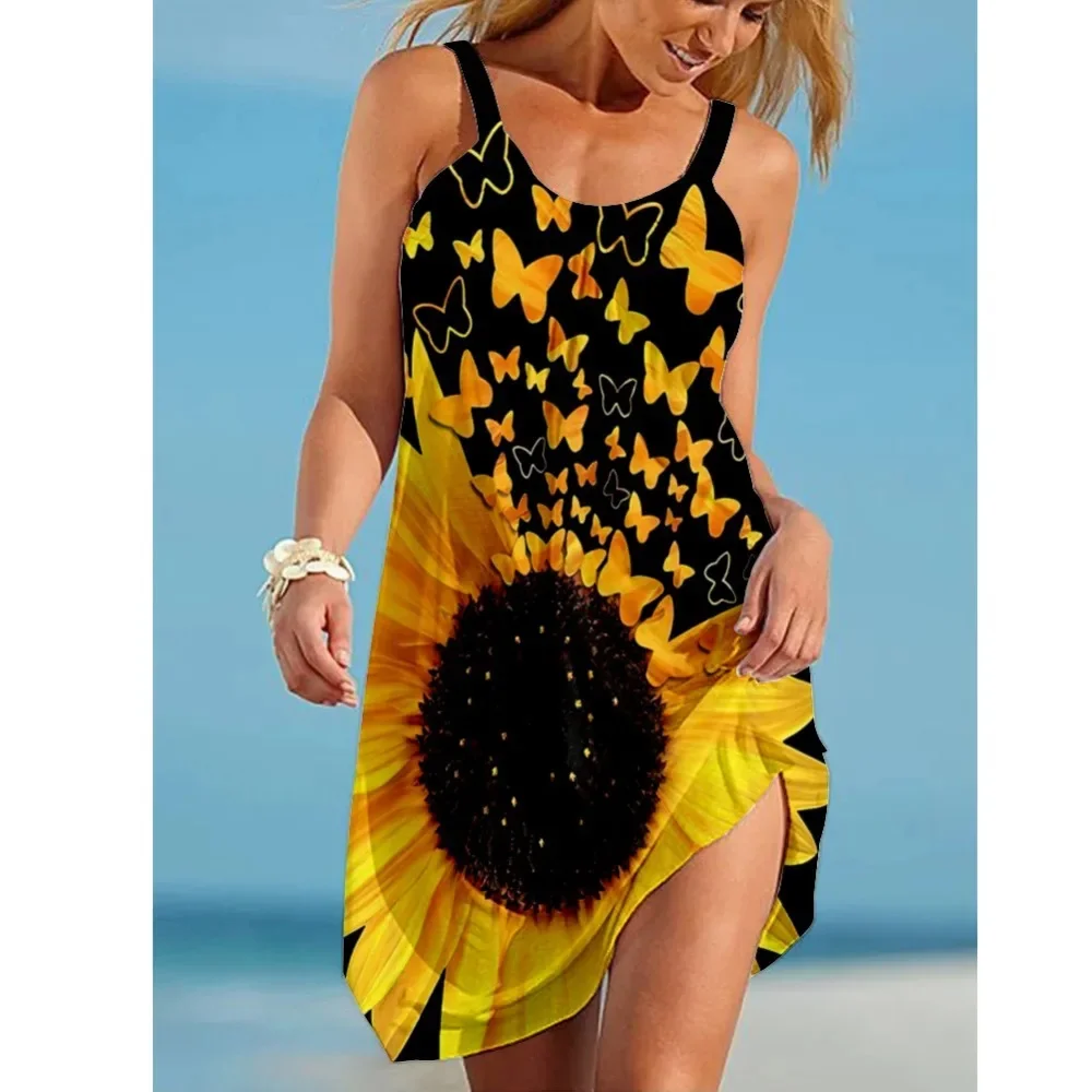 Prendisole senza maniche Sexy da spiaggia estiva da donna con spalline stampate a fiori freschi abiti Casual con temperamento alla moda