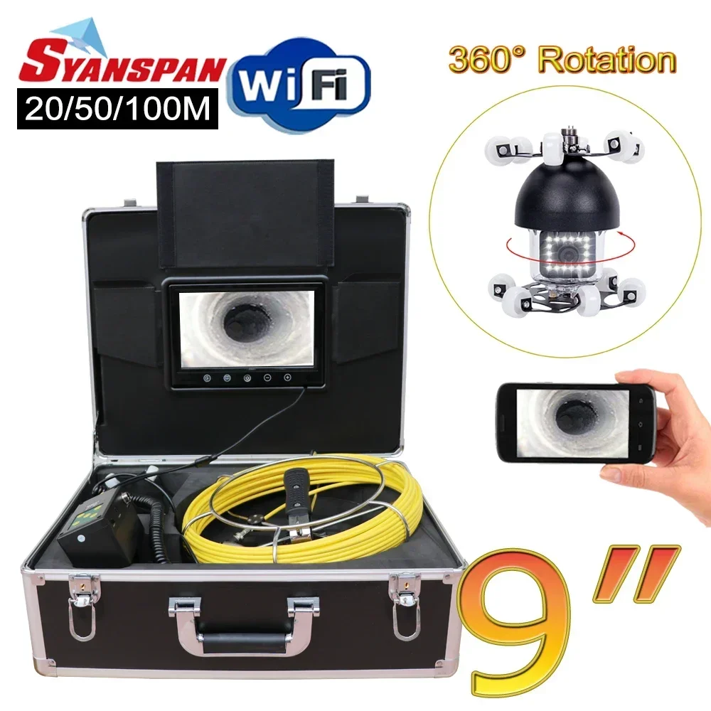كاميرا فيديو SYANSPAN مقاس 9 بوصات لفحص أنابيب WiFi، منظار صناعي لخط أنابيب الصرف الصحي يدعم أندرويد/IOS دوران 360 20-100 متر