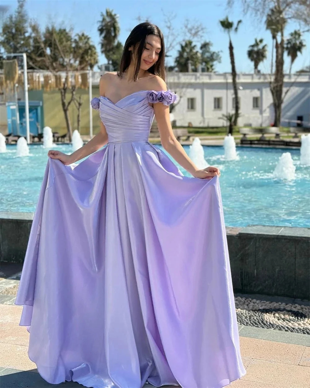 مثير مخصص التدابير العربية السعودية الأخضر مثير الخزامى الأزهار فساتين السهرة ألف خط مطوي قبالة الكتف فستان الحفلات تدفق ثلاثية الأبعاد #4