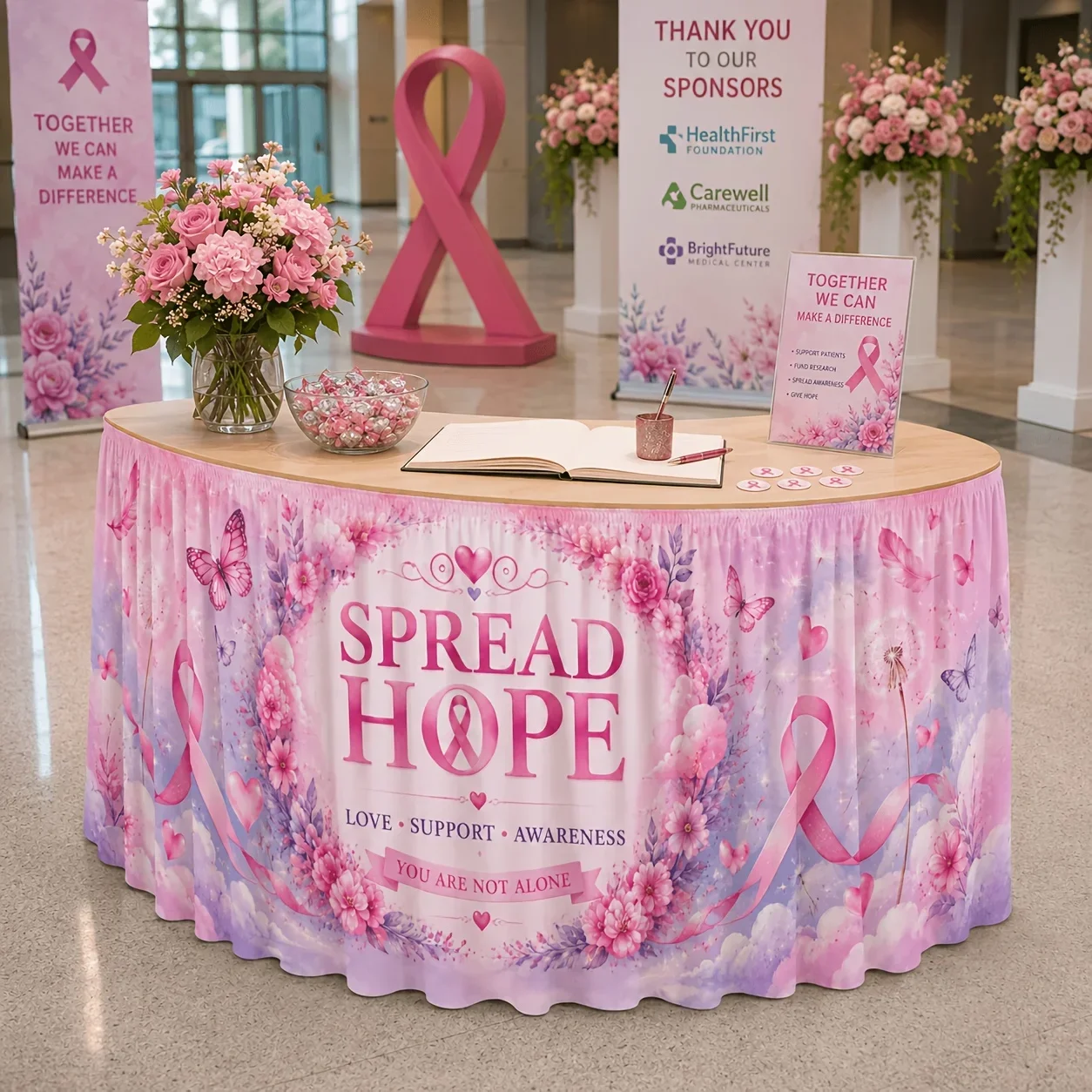 1 table skirt, polyester tablecloth, hope pink promotional tape, flower butterfly feather heart watercolor printing decoration