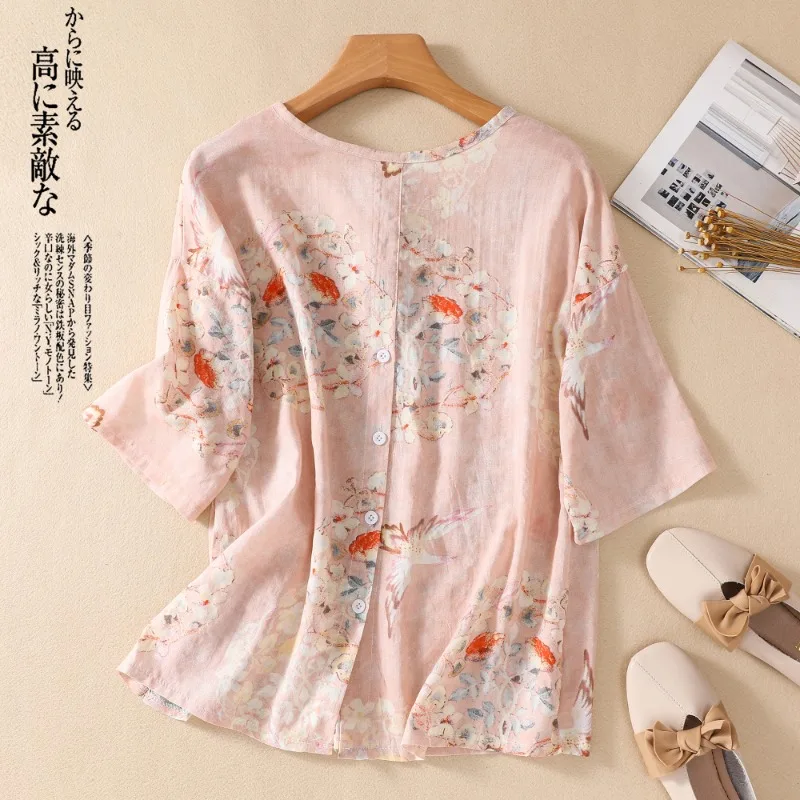 Chinese Style Women\'s Shirt Summer Prints Vintage Blouses Loose Short Sleeves Women Tops Cotton Linen Fashion Clothing