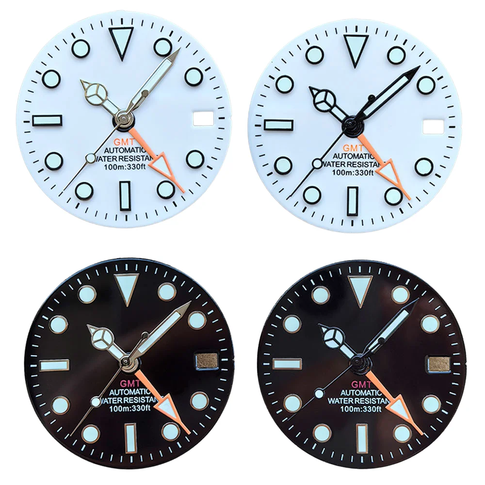 NH34 NH34A Movement GMT 28.5mm White Black Sterile Watch GMT Mark Dial Luminous Watches Four Needle Parts Accessories