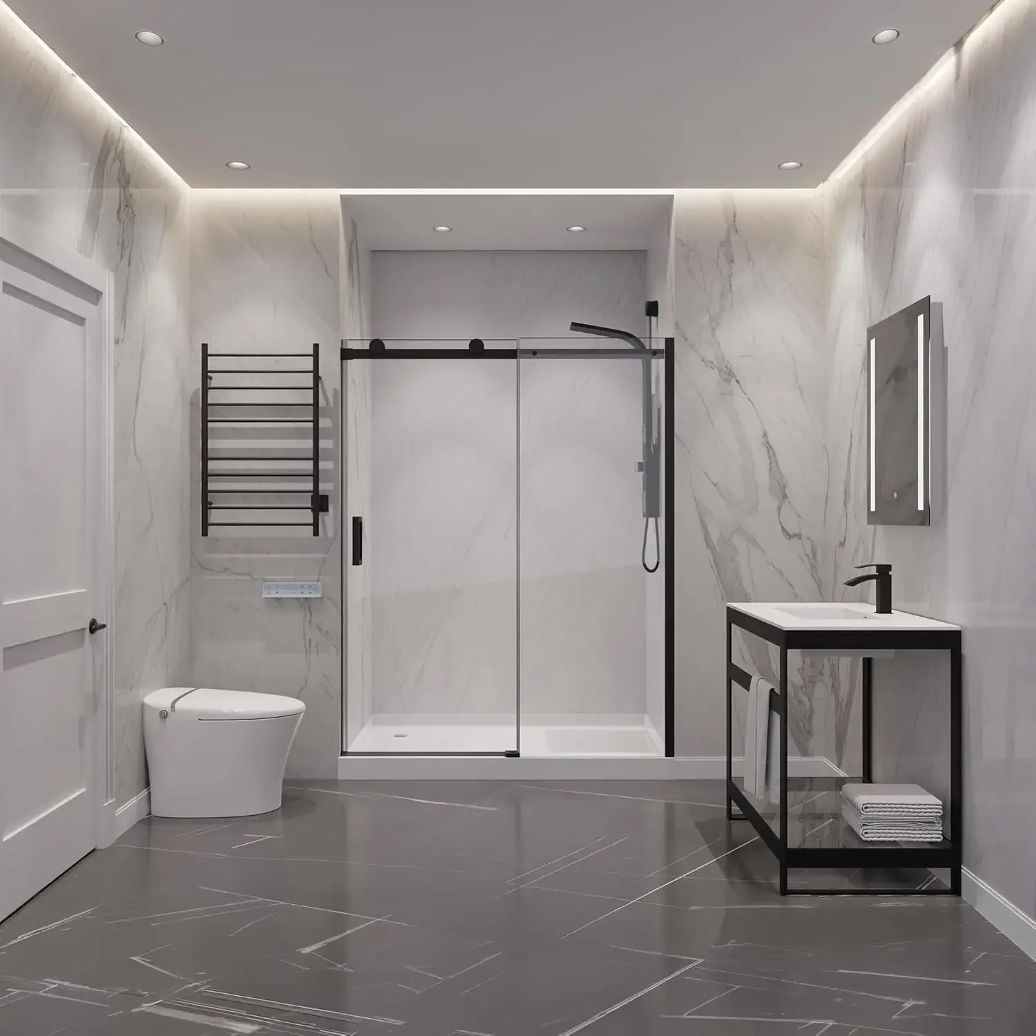 

76" x 48" Modern Frameless Shower Door | Rhodes Water Repellent Glass Shower Door, Seal Strip Parts and Handle, Easy Glide Rolle