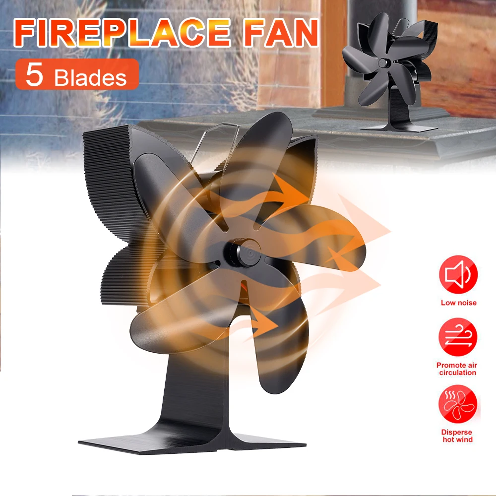 5 Blades Fireplace Fan Heat Powered Log Wood Burner Stove Fan Quiet Eco No Battery Heating Fan Warm Outdoor Home Room Heater