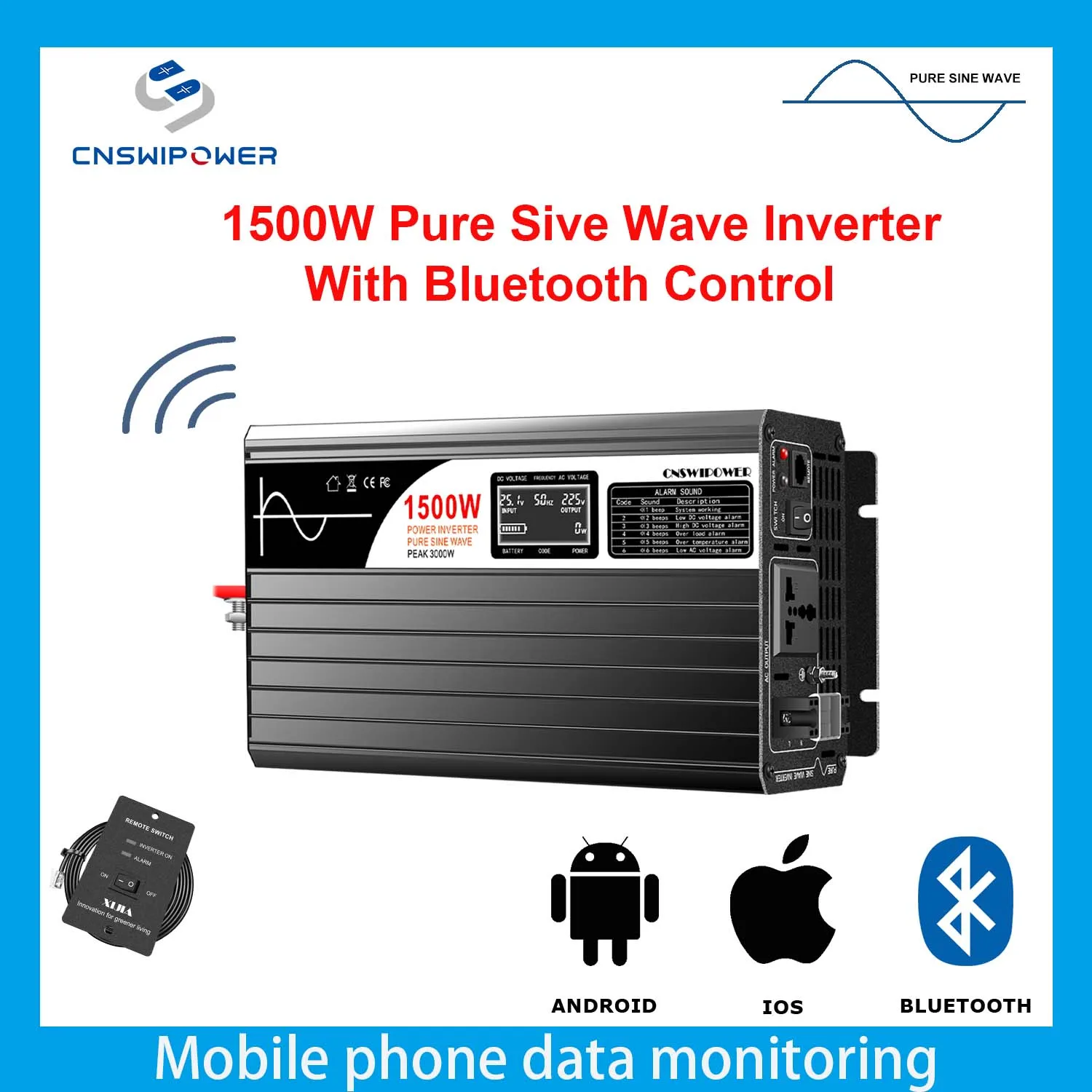 New 1500W inverter pure sine wave solar power inverter 12v 24V 48V to 110V 220v  Bluetooth control