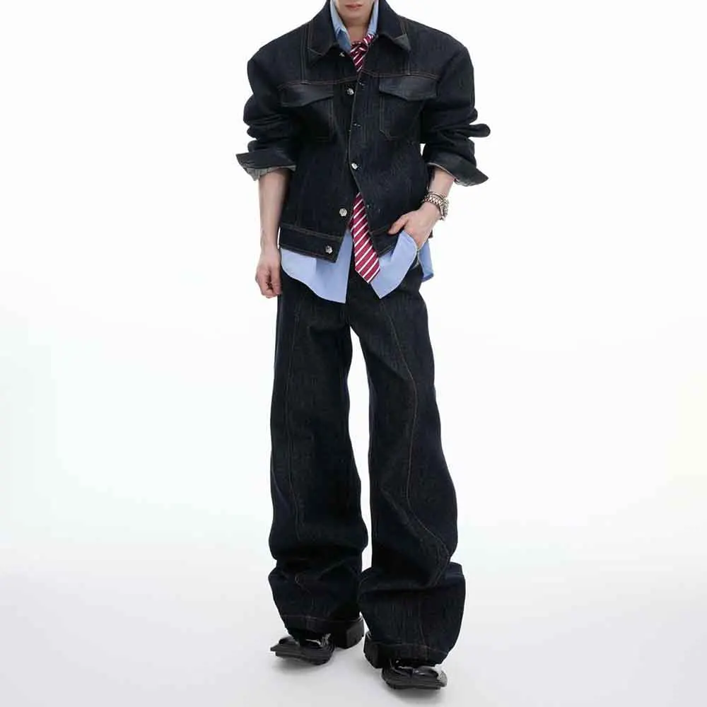 Mens Autumn Pu Leather Patchwork Casual Denim Two-Piece Set Streetwear Fashion Trendy Outdoor Versatile Retro Denim Jacket Pants