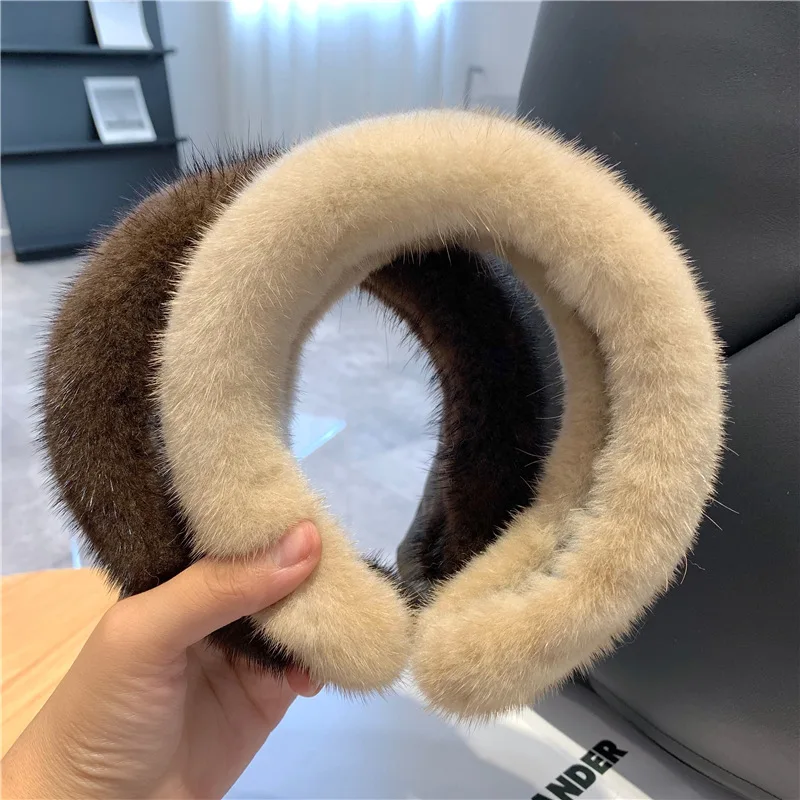 New Winter Real Mink Fur Headband For Women Hair Accessories Solid Head Wraps Warm Furry Gift