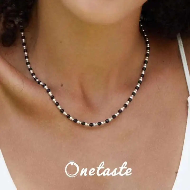 

925 Sterling Silver Spaced Black Agate Beaded Choker Necklace For Women Simple Stackable Multipurpose Necklaces Gift
