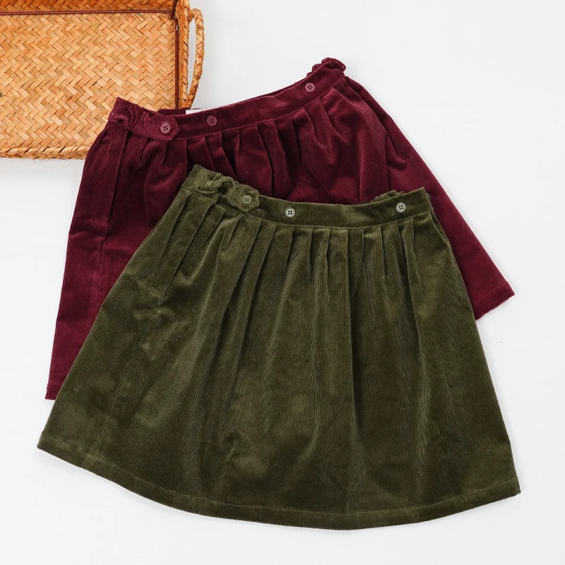 Retro Cord-Minirock mit hoher Taille für Mädchen, Frühlingsneuheit, verstellbare Knöpfe, elastische Taille, locker sitzende Kinderröcke, Mädchen-Winterkleidung – Detail 12