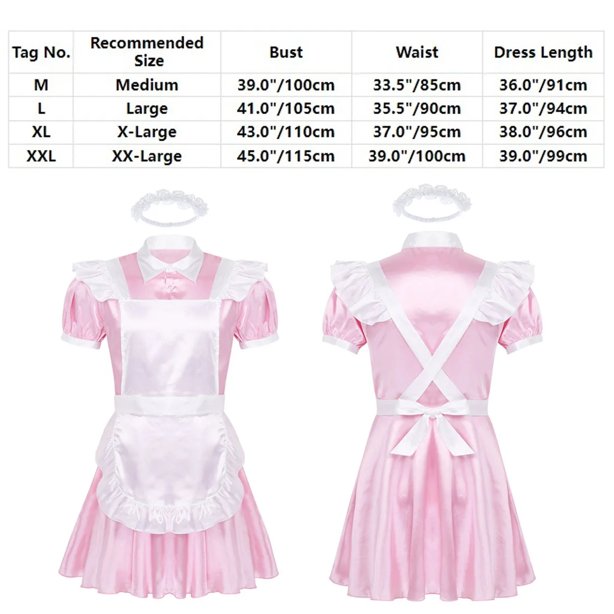 Mens Sissy Maid Cosplay Costume Puff Sleeve Frilly Satin French Apron Maid Servant Dress Set Roleplay Babydoll Dress with Apron