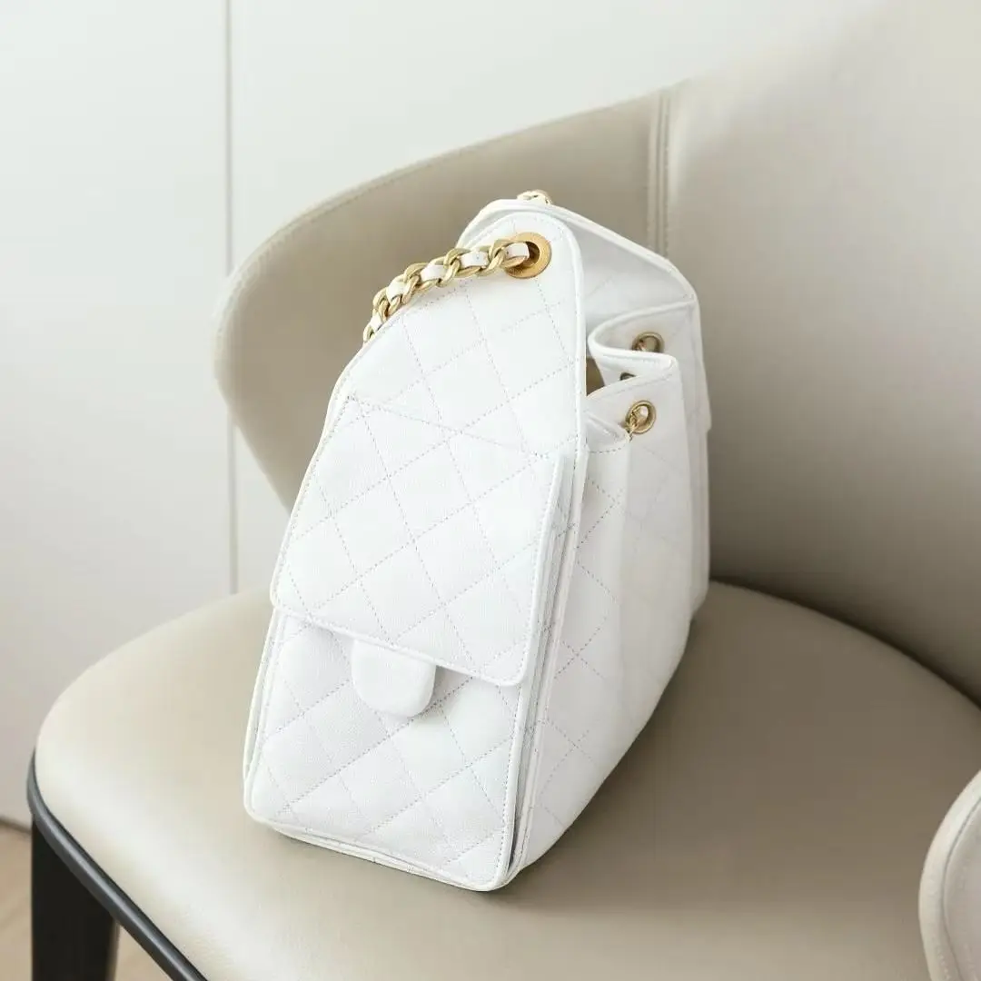 White Caviar Leather Quilted Backpack Bag, Gold Chain Flap Snap MultiWear Shoulder Crossbody Bag For Women