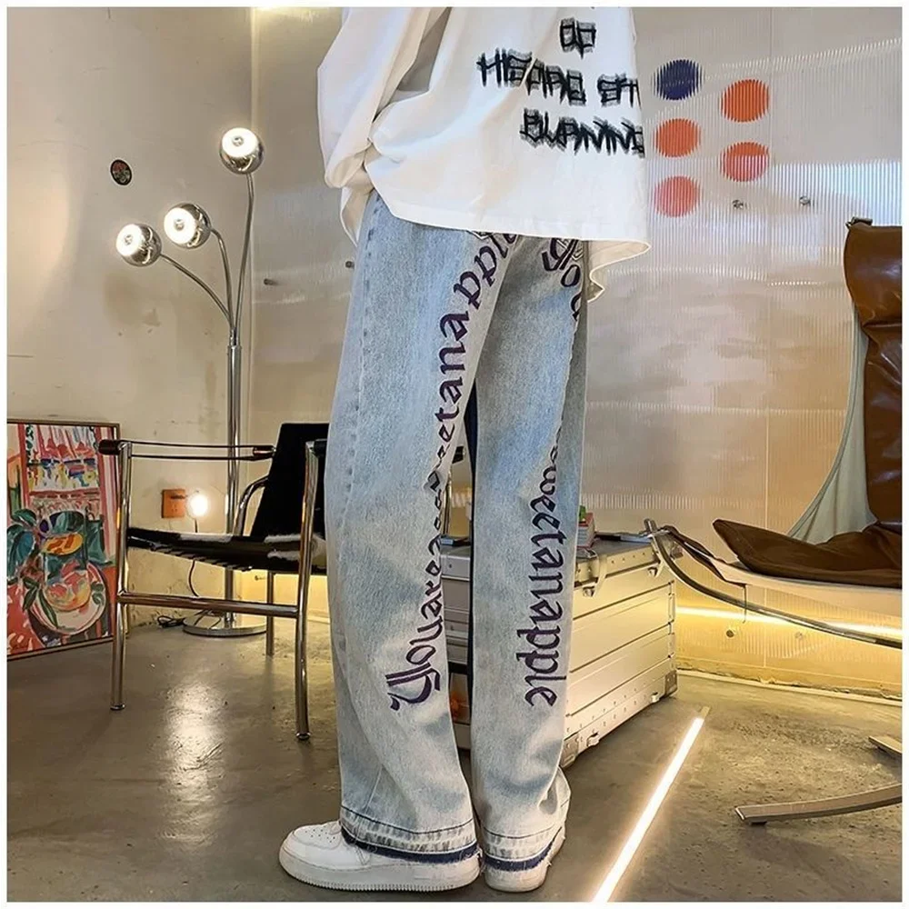 2025 Europese herenjeans Neutrale denimbroek met wijde pijpen Losse rechte letterprint Baggy Man Jean-broek Casual Baggy hiphop
