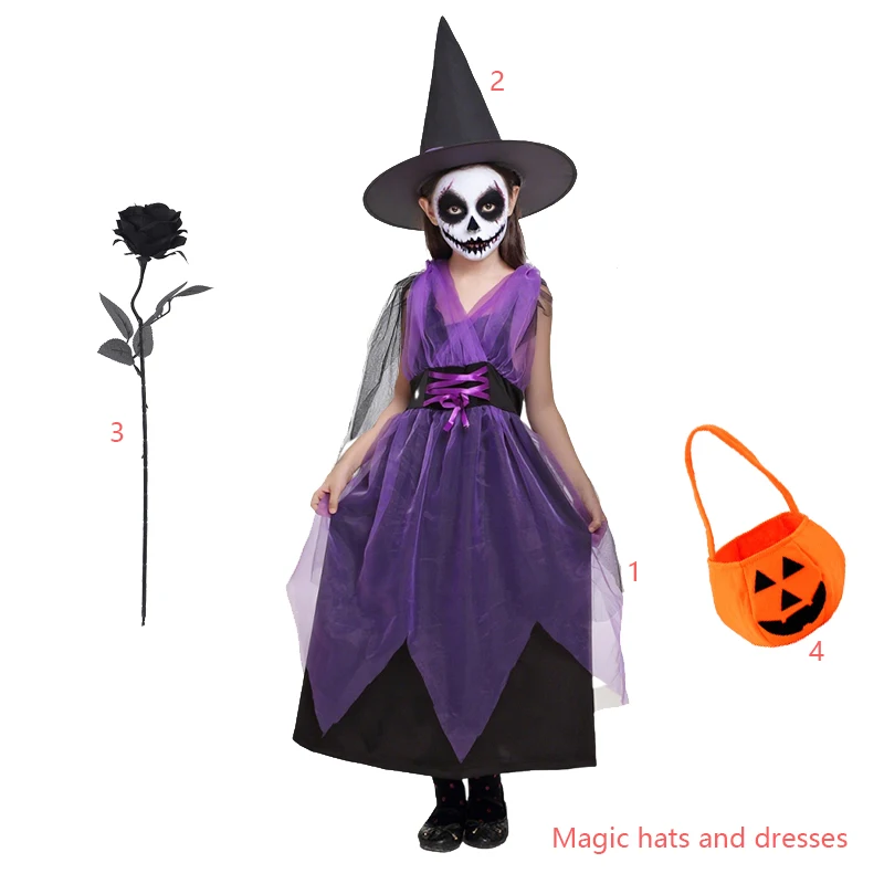 Kids Witch Halloween Costume Witch Cosplay Dress and Magic Hat Set Carnival Party Clothes for Girls Gothic Vampire Costume image 5