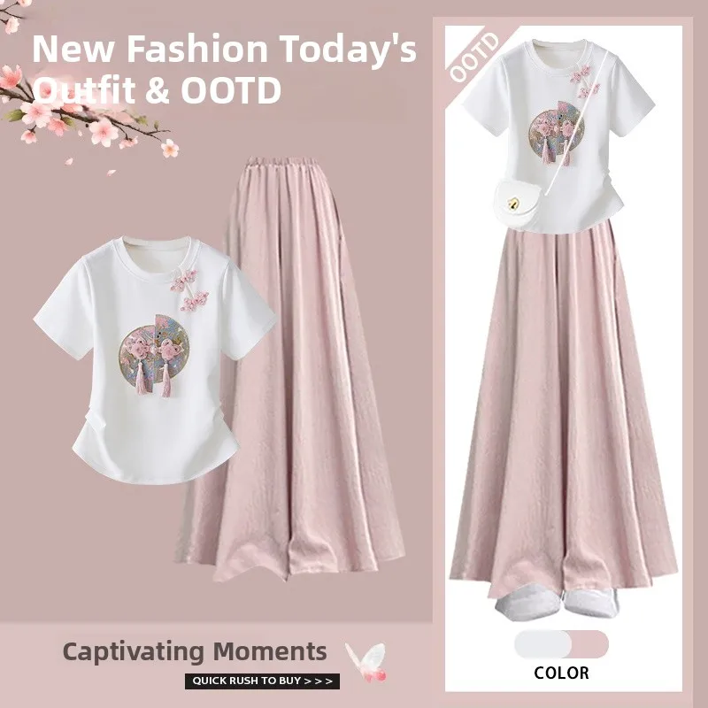 

New 2026 Chinese Style T-Shirt Slim Wide Leg Pants Two-Piece Set Fashionable Traditional Clothing Women's Ensemble