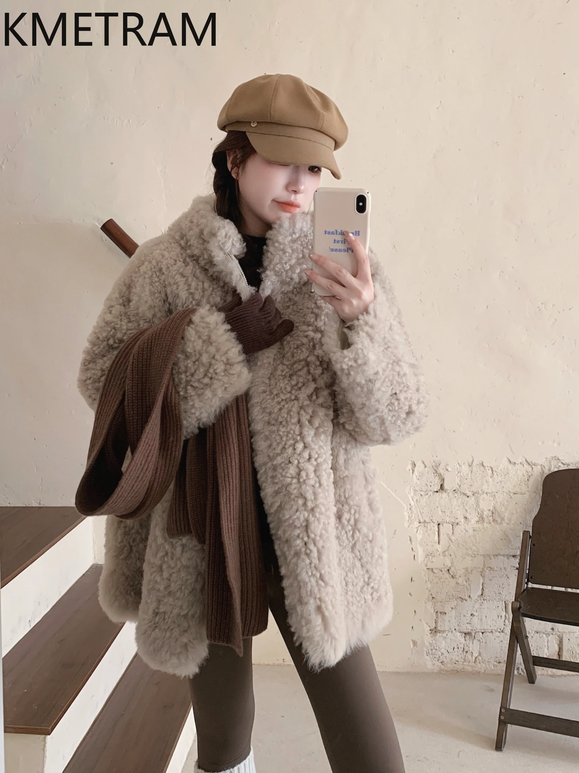 KMETRAM Natural Tuscany Sheepskin with Wool Attached Jacket Woman Reversible Real Fur Coat Hooded New in Coats Winter Clothing