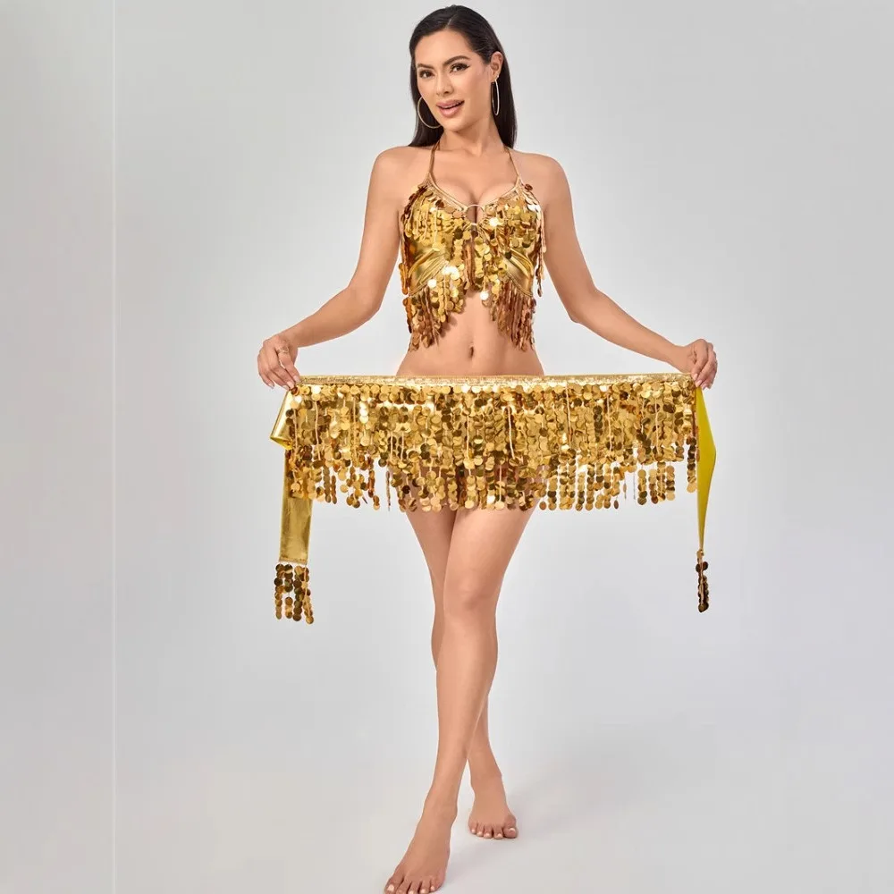 Lenço de quadril para dança do ventre – corrente e cinto com franjas de lantejoulas para apresentações, bollywood e fantasia de dança tribal
