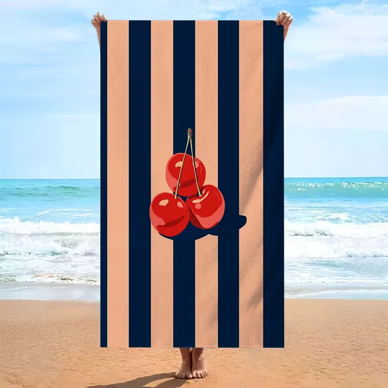 Cute Cherry Pattern Beach Towel Blue White Diagonal Striped Bath Towel Quick Dry Absorbent Sand-Free Towel for Adults Beach Use
