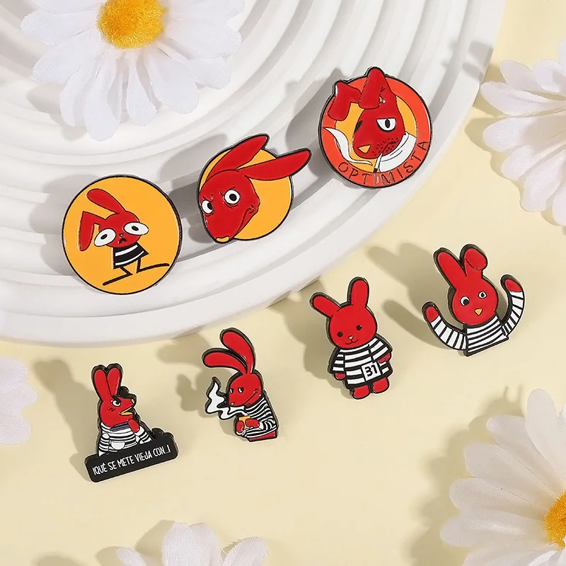 Anime Prison Red Rabbit Metal Brooch Lapel Pins Cigarette Flame Angry Sunglasses CACA JUNTA Cartoon Animal Rabbit Badge Jewelry