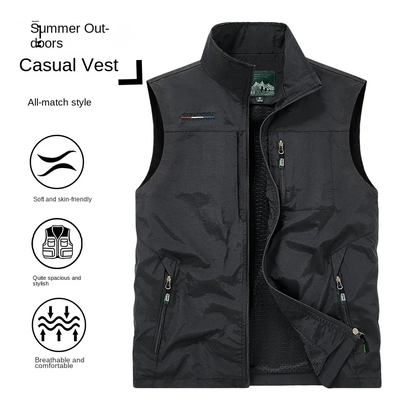 Plus Size Men Breathable Mesh Lined Sleeveless Vest Full Zip Stand Collar Hidden Zipper Pockets Lightweight Windproof Outdoor Hi