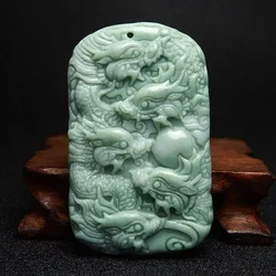 Natural Bean Green Handicraft Sculpture Shuanglong Dragon Drama Bead Jade Pendant Men's and Female Zodiac Dragon Necklace Gifts